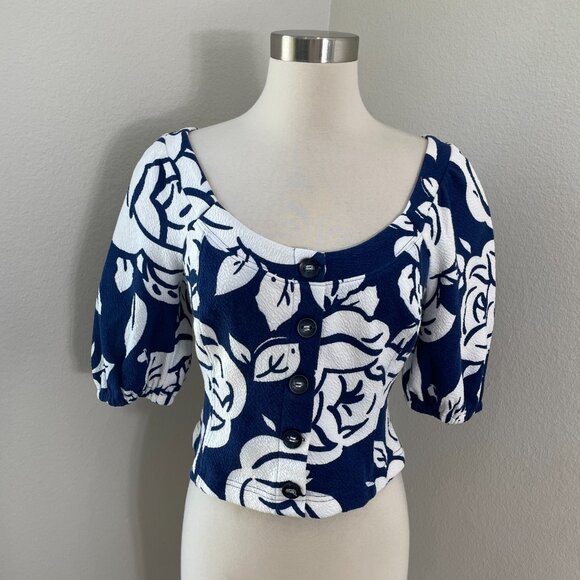 Maeve Anthropologie Womens Small Blue Motif Button Up Crop Top Shirt - Picture 2 of 13